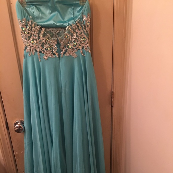 Aquamarine Long Dazzled Strapless Gown, Size 7 - Picture 1 of 4